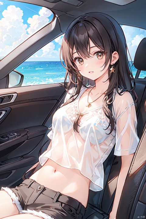 1girl, solo, long hair, breasts, looking at viewer, blush, bangs, shirt, black hair, navel, brown eyes, jewelry, underwear, white shirt, outdoors, parted lips, sky, shorts, day, midriff, cloud, necklace, bra, lips, crop top, see-through, short shorts, ocean, watermark, ground vehicle, motor vehicle, white bra, car, see-through shirt, car interior