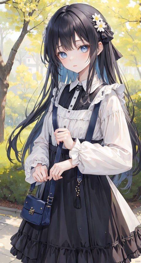 1girl, solo, long hair, looking at viewer, bangs, blue eyes, black hair, long sleeves, dress, holding, standing, flower, outdoors, bag, white dress, blurry, tree, handbag