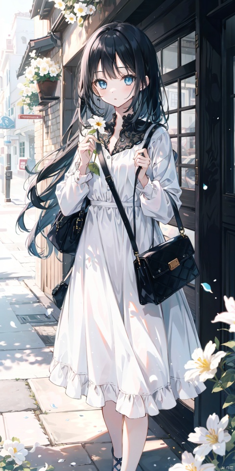 1girl, solo, long hair, looking at viewer, bangs, blue eyes, black hair, long sleeves, dress, holding, standing, flower, outdoors, bag, white dress, blurry, tree, handbag