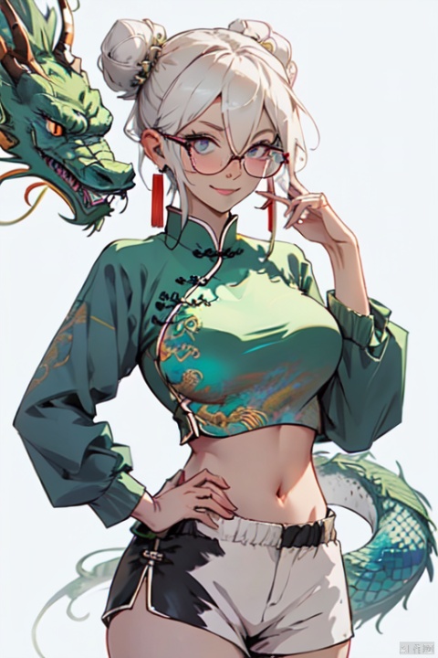 dragon girl,solo
,(smug,smirk,dragon_horns:1.2)
,gigantic_boobs
,hair_buns,
,hair_between_eyes,
,sidelocks
,hoop_earrings
,big_black_glasses
,crop top
,navel
,micro_shorts
, chinese clothes, china dress
,(one_hand_on_own_chest
,one_hand_on_own_hip)
,simple_background
,looking_at_viewer
, shuimobysim