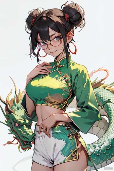 dragon girl,solo
,(dragon_horns:1.2)
,smug,smirk,
,gigantic_boobs
,hair_buns,
,hair_between_eyes,
,sidelocks
,(hoop_earrings:1.2)
,big_black_glasses
,crop top
,navel
,micro_shorts
, chinese clothes, china dress
,(one_hand_on_own_chest
,one_hand_on_own_hip)
,simple_background
,looking_at_viewer
, shuimobysim