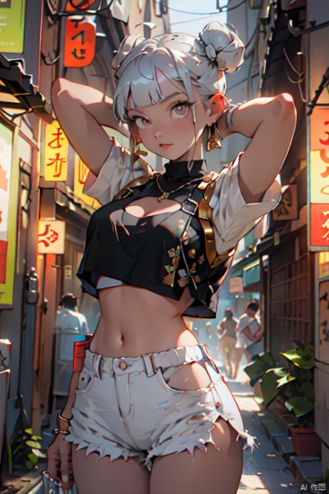  (masterpiece:1.2)
,1girl
,parted bangs,sidelocks,double bun,(twintails),, two-tone hair,
,makeup,parted ips,mole_under_eye,detail_eyes, looking at viewer,
,arms_up ,arms behind head
,navel,midriff,huge_breasts,cleavage
,(silvery_hoop_earring:1.2),jewelry,necklace
,white_short_T-shirt,short sleeves,, crop top, micro shorts, clothing cutout, gold trim, center opening,navel cutout,white_cropped_jacket
,cowboy_shot,
,dalcefo_painting,night,night,neon_lights,Tokyo street, shuimobysim