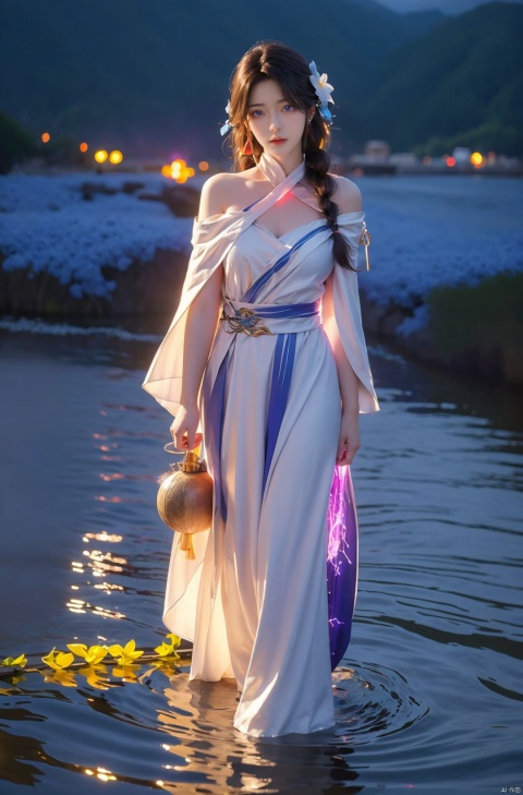  1girl,, (blue fire,magic),(glowing eyes:1.3), chest,electricity, lightning,blue magic, aura,Close-up,Off Shoulder,Front view, backlight,looking at viewer,braids,very long hair,hair flowe,tarry sky ,water,Rain,night, , huolinger