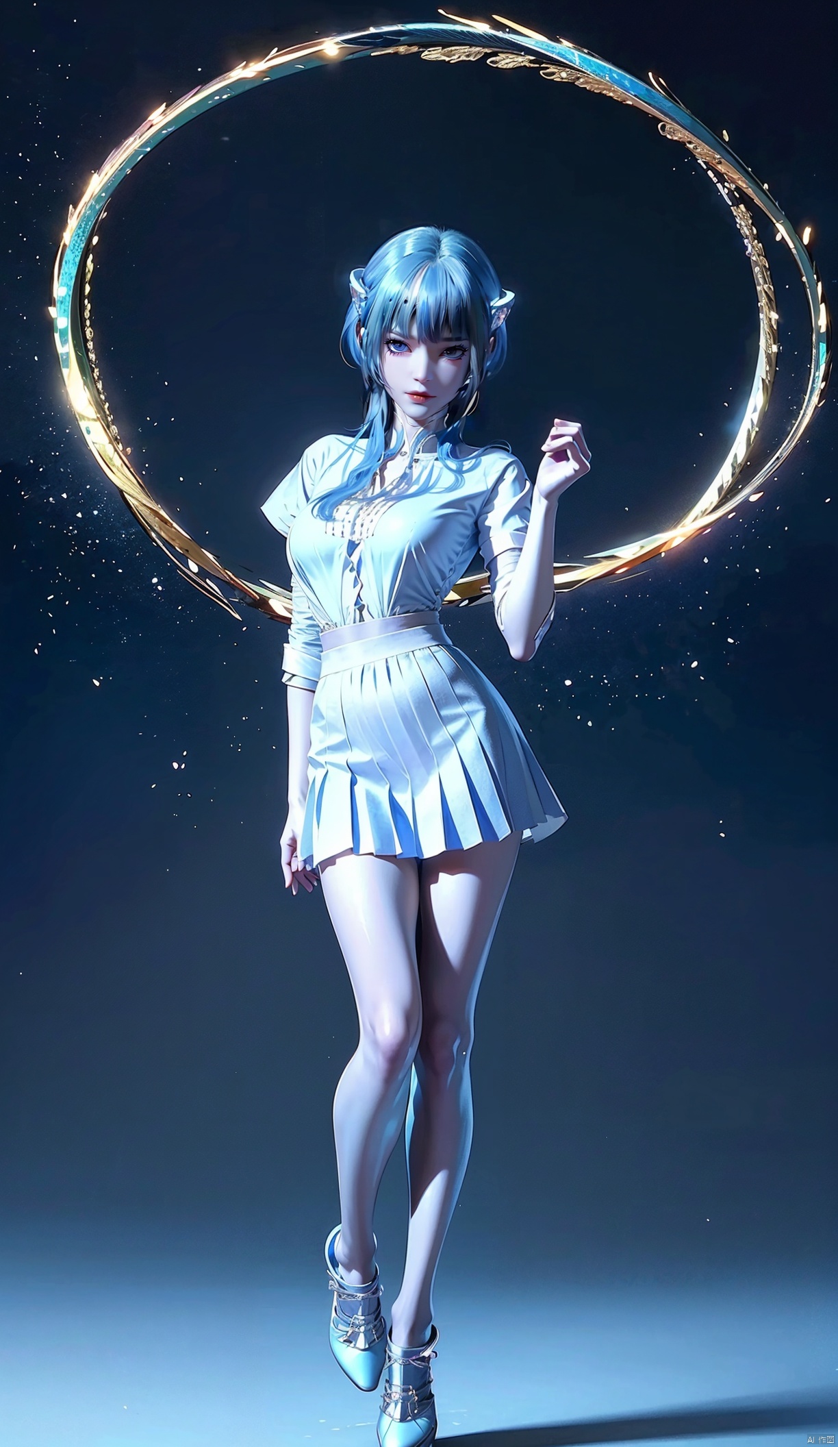  Masterpiece, high detail, 8K resolution, Stand,(full body), extremely delicate and beautiful girl, tender white skin, delicate facial features, perfect face, bright big eyes, long eyelashes, tender lips, Blue Hair, short Chinese hair (wearing a white shirt) (100 pleated skirt) perfect figure, elegant curves, charming temperament, extreme details, smile cute and pure,