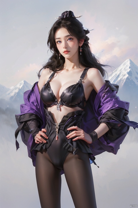  SGZ2, 1girl, solo focus, solo, hands on hips, big breast, looking at viewer, long hair, very long hair,  black hair, blush, bare legs, black pantyhose, black Swimsuit, purple armor, white theme, mountain background, ,sanguo style, 