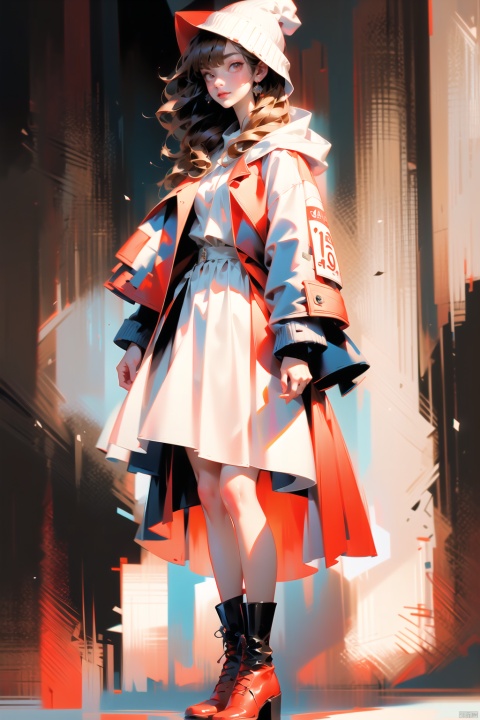  (best quality), ((masterpiece)), (highres), illustration, original, extremely detailed,1girl, solo, smile, red eyes, white background, brown hair, long hair, jacket, open jacket, long sleeves, open clothes, red jacket, dress, closed mouth, red footwear, red headwear, full body, looking at viewer, simple background, bangs, holding, standing, hat, bag, blush, hood, white dress, earrings, boots, jewelry, beanie, hooded jacket, shoes, hood down, poke ball