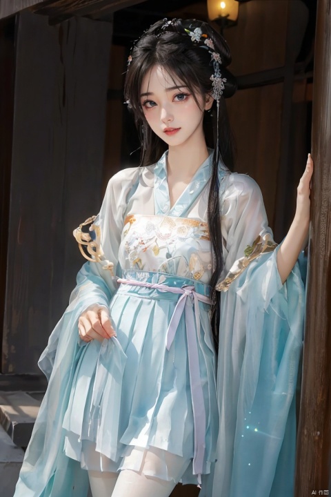  1girl, white theme, black hair, sparkling eyes, (Detailed eyes:1.2), standing, white pantyhose, han style, hanfu