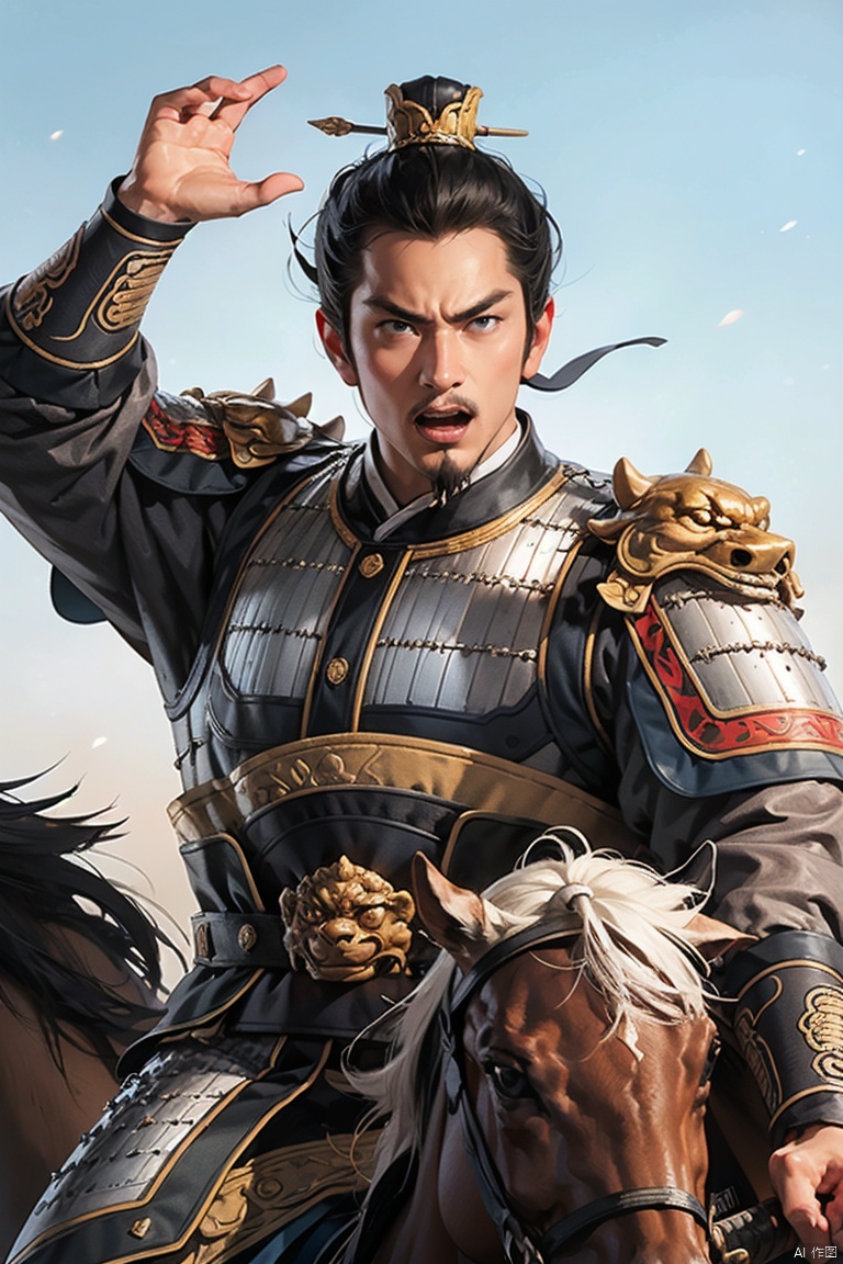  SGZ2, solo, 1boy,male focus,cowgirl,sliver armours,,hero's armour
,black short hair, blue eyes, serious face,horseback riding,Holding a long sword, looking to viewer,sanguowushuang style,shouting, sanguozhi, bichu, midjourney portrait, guidao,goatee