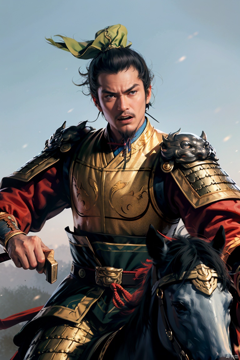 SGZ2, solo, 1boy,male focus,cowgirl,sliver armours,,hero's armour
,black short hair, blue eyes, serious face,horseback riding,Holding a long sword, looking to viewer,sanguowushuang style,shouting, sanguozhi, bichu, midjourney portrait, guidao,goatee