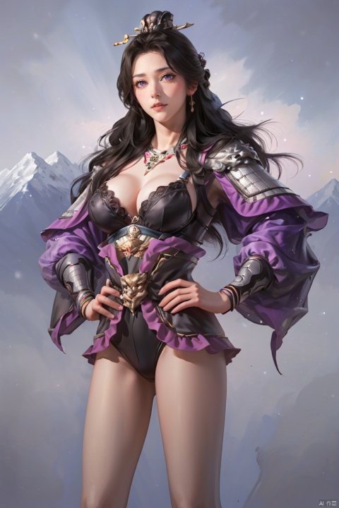  SGZ2, 1girl, solo focus, solo, hands on hips, big breast, looking at viewer, long hair, very long hair,  black hair, blush, bare legs, black pantyhose, black Swimsuit, purple armor, white theme, mountain background, ,sanguo style, 