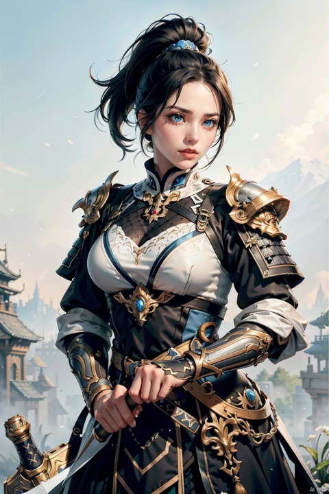  high definition,color trace, (High quality, High resolution, High quality, Fine details), Realistic, 1girl, solo focus, white armor, short black hair, blue eyes, holding, weapon, sword, holding weapon, holding sword, , fighting stance, close mouth, simple background, curvy women, sparkling eyes, (Detailed eyes:1.2), Oily skin, , GameWeapon, HXARMOUR, zskj, SGZ2, BY MOONCRYPTOWOW