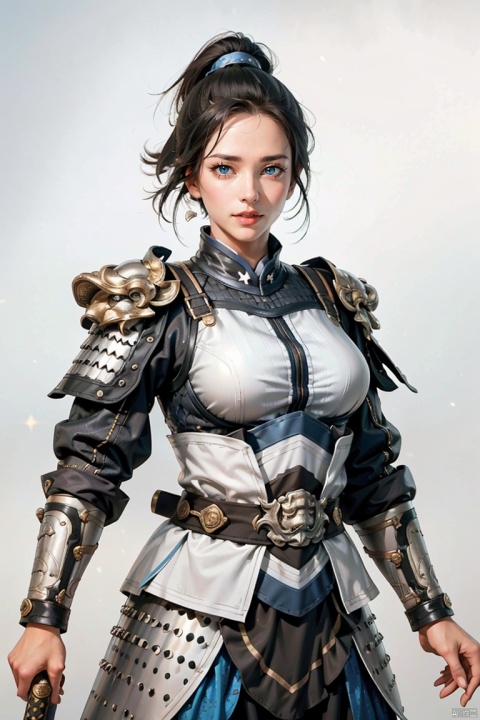  high definition,color trace, (High quality, High resolution, High quality, Fine details), Realistic, 1girl, solo focus, white armor, short black hair, blue eyes, holding, weapon, sword, holding weapon, holding sword, , fighting stance, close mouth, simple background, curvy women, sparkling eyes, (Detailed eyes:1.2), Oily skin, , GameWeapon, HXARMOUR, zskj, SGZ2