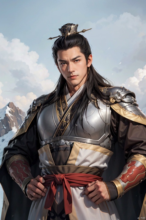  SGZ2, 1boy, solo focus, solo, hands on hips, big breast, looking at viewer, long hair, very long hair, black hair,  white armor, white theme, mountain background, ,sanguo style, HXARMOUR,sanguozhi