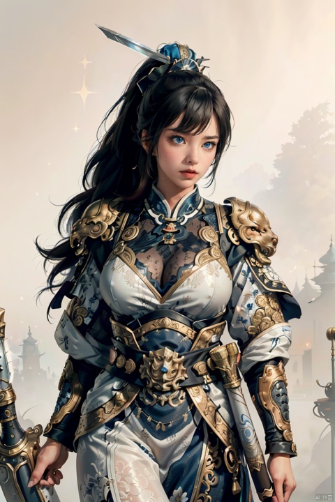  high definition, (High quality, High resolution, Fine details), Realistic, solo, 1girl,male focus,white armor,long hair, blue eyes, ponytail,bangs, long legs,looking at viewer,serious face,anger,High quality, , black hair, holding, weapon, sword, bun, holding weapon, holding sword, , fighting stance, close mouth(High quality, High resolution, Fine details), Realistic, simple background,solo, curvy women, sparkling eyes, (Detailed eyes:1.2), Oily skin, Dramatic Shadows, pajama,HARMOUR, SGZ2, BY MOONCRYPTOWOW,HALO, zskj