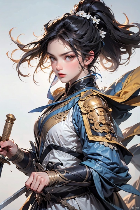  SGZ2, solo, 1girl,1girls,male focus,cowgirl,blue armours,long hair, brown eyes, ponytail, serious face,horseback riding,Holding a long sword, looking to viewer,hero's armour, sanguozhi