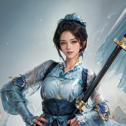  high definition,color trace, (High quality, High resolution, High quality, Fine details), Realistic, solo, 1girl,male focus,white armor,short hair, blue hair,blue eyes, twintails,ong legs,blue eyes,happy face,smile,heart-shaped pupils,light smile,holding, weapon, sword, bun, holding weapon, holding sword, , fighting stance, close mouth(High quality, High resolution, Fine details), Realistic, simple background,solo, curvy women, sparkling eyes, (Detailed eyes:1.2), Oily skin, Dramatic Shadows, SGZ2,