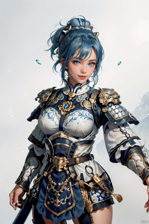  high definition,color trace, (High quality, High resolution, High quality, Fine details), Realistic, solo, 1girl,male focus,white armor,short hair, blue hair,blue eyes, twintails,ong legs,blue eyes,happy  face,smile,heart-shaped pupils,light smile,holding, weapon, sword, bun, holding weapon, holding sword, , fighting stance, close mouth(High quality, High resolution, Fine details), Realistic, white simple background,solo, curvy women, sparkling eyes, (Detailed eyes:1.2), Oily skin, Dramatic Shadows, SGZ2,