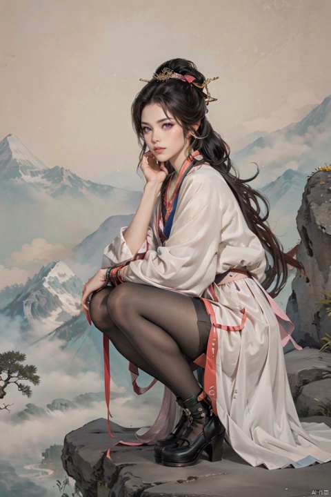 SGZ2, 1girl, solo focus, solo, squating, looking at viewer, long hair, very long hair, blush, white miniskirt, ponytail, pantyhose, mountain background, hanikezi, fine art parody, gongbi, sitting,squating,