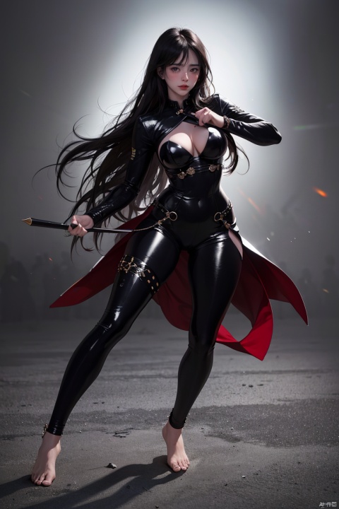  high definition, color trace, (High quality, High resolution, High quality, Fine details), Realistic, 1girl, standing, full body, curvy women, solo focus, long hair, black hair, bangs, black eyes, sparkling eyes, (Detailed eyes:1.2), long legs, barefoot, fighting stance,simple background, Dark background, Dramatic Shadows,