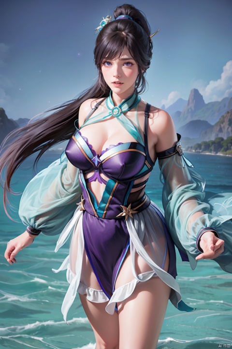  high definition,color trace, (High quality, High resolution, High quality, Fine details), Realistic, 1girl, standing, long legs, curvy women, solo focus, long hair, gery hair, bangs, ponytail, sparkling eyes, purple eyes, (Detailed eyes:1.2), Ocean background,  SGZ2, XXE,
