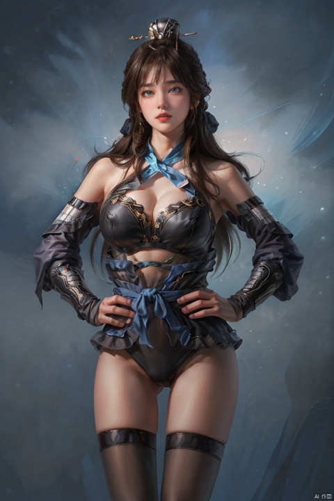  SGZ2, 1girl, solo focus, solo, hands on hips, big breast, looking at viewer, long hair, very long hair,  brown hair, bangs, blush, bare legs, black pantyhose, black Swimsuit, black armor, blue theme, mountain background, ,sanguo style, 