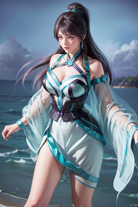  high definition,color trace, (High quality, High resolution, High quality, Fine details), Realistic, 1girl, standing, long legs, curvy women, solo focus, long hair, gery hair, bangs, ponytail, sparkling eyes, purple eyes, (Detailed eyes:1.2), Ocean background,  SGZ2, XXE,