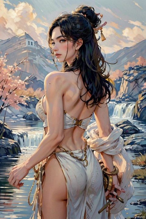 Solitary warrior maiden stands proudly, hands resting on hips, gazing directly at the viewer. Her striking features are framed by an abundance of long, black hair that cascades down her back like a waterfall. A gentle blush adorns her cheeks as she wears a suit of white armor, evoking a sense of purity and strength. The backdrop is a vibrant blue, providing a striking contrast to the warrior's attire. In the style of Sanguo, this piece captures the essence of Hanfu-inspired art, rendered in rich oil paints.