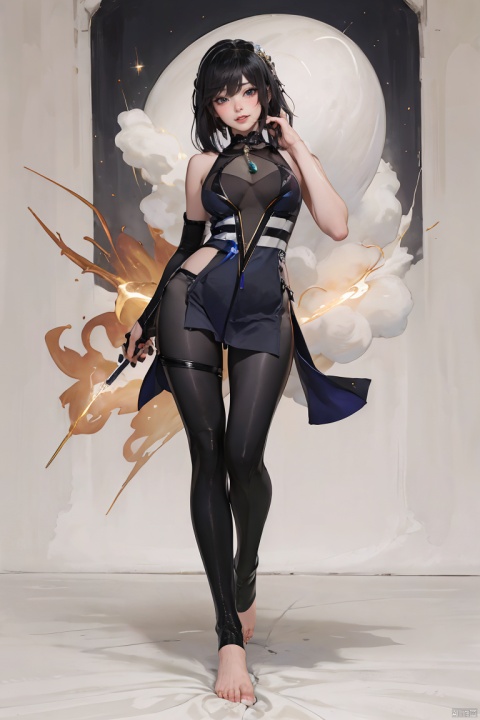  1girl, white theme, full body, black hair, sparkling eyes, (Detailed eyes:1.2), standing, barefoot, black pantyhose, han style, yelan (genshin impact)