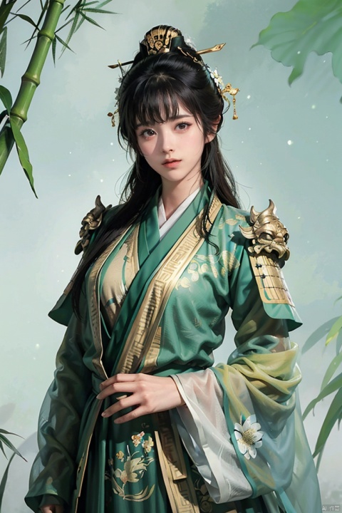  1girls, black suit, black bodysuit, black armor, long hair, blue eyes, bangs, long legs, looking at viewer ,hero's armour, solo focus, curvy women, sparkling eyes, (Detailed eyes:1.2), Oily skin, bamboo shadows, Dramatic Shadows. (Chinese painting illustration) , green tones, warm yellow sunlight, high contrast,Ink scattering_Chinese style
