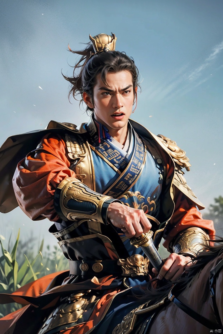  SGZ2, solo, 1boy,male focus,cowgirl,sliver armours,,hero's armour
,black short hair, blue eyes, serious face,horseback riding,Holding a long sword, looking to viewer,sanguowushuang style,shouting, sanguozhi, bichu, midjourney portrait