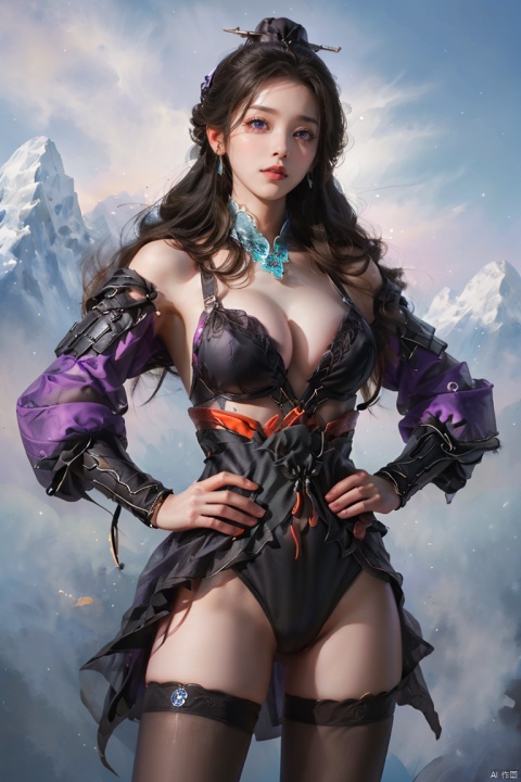  SGZ2, 1girl, solo focus, solo, hands on hips, big breast, looking at viewer, long hair, very long hair,  black hair, blush, bare legs, black pantyhose, black Swimsuit, purple armor, white theme, mountain background, ,sanguo style, 