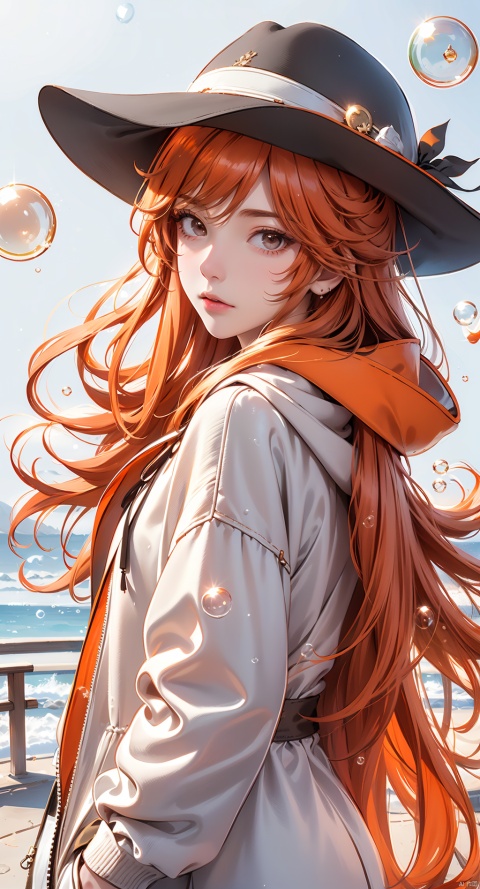  (bubble:1.5),1girl, solo, long hair, bangs, brown hair, long sleeves, hat, closed mouth, upper body, signature, hood, orange hair, from side, hoodie, profile, shadow, hood down, hands in pockets, white hoodie, (\meng ze\)