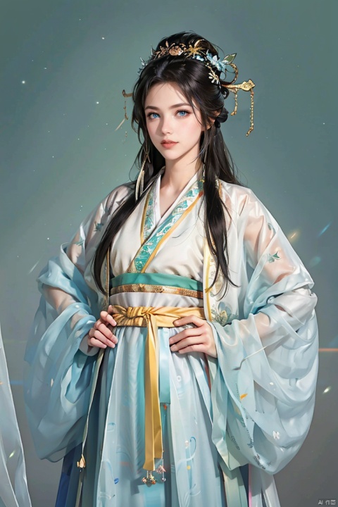  high definition, color trace, (High quality, High resolution, High quality, Fine details), Realistic, 1girl, solo focus, long hair, sparkling eyes, (Detailed eyes:1.2), long legs, hands on hip, simple background, Dark background, SGZ2, shine eyes01, black hanfu, happy, hanfu