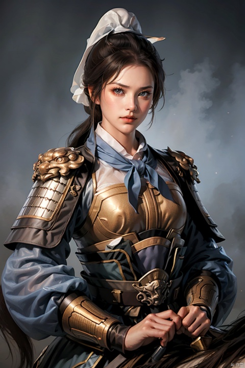  SGZ2, solo, 1girl,1girls,male focus,cowgirl,black armour,long hair, brown eyes, ponytail, serious face,horseback riding,Holding a long sword, looking to viewer,bangs，hero's armour