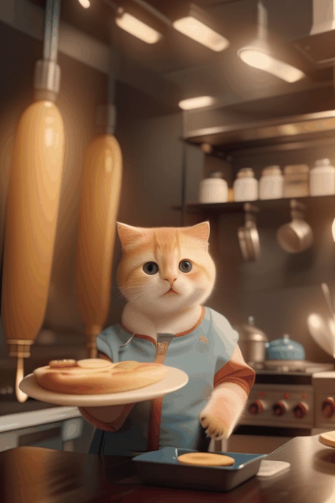 front faced vintage yearbook portrait showing an anthropomorphic cute little cat wearing minimal styled CHEF themed kitchen clothes by Versace and Fornarina throwing pizza dough around in a pizzeria kitchen all in Wes Anderson cinematography with solid muted pastel studio background 