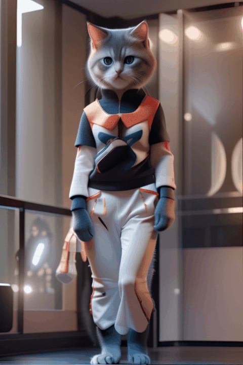  Anthropomorphic cat, Fashion runway, Full body, cat Wearing a casual top and sports pants, anthropomorphic, high-end design style, Cold and beautiful, A slender and slender figure, Milan Fashion Show, Full body, Dynamic capture of runway shows