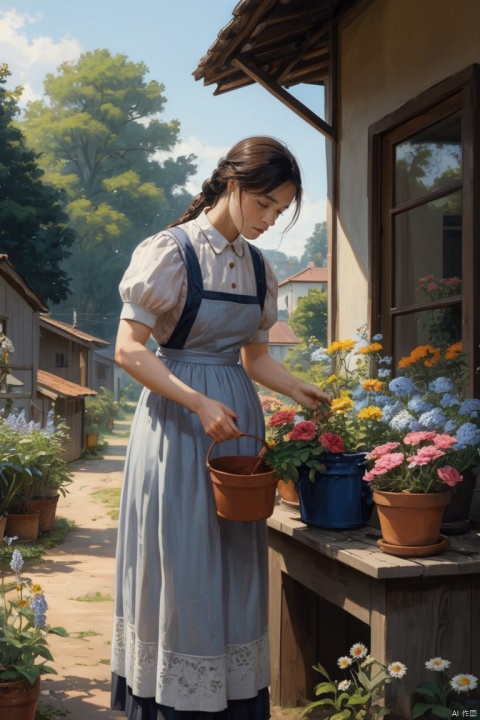  mother and cute daughter, watering flowers, (masterpiece, best quality, perfect composition, very aesthetic, absurdres, ultra-detailed, intricate details, Professional, official art, Representative work:1.3)