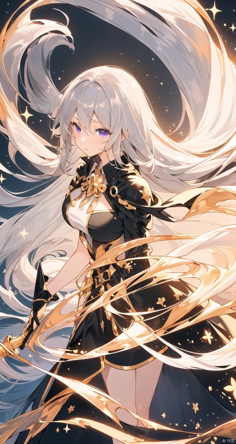  (an extremely delicate and beautiful),(((masterpiece))),((best quality)),(1 girl),(solo),(((golden and black cape))),(light grey hair),long hair,purple eyes,((())),dress,embarrassed,(((illustration))),((big breasts)),((collared shirt)),beautiful detail, lam style,