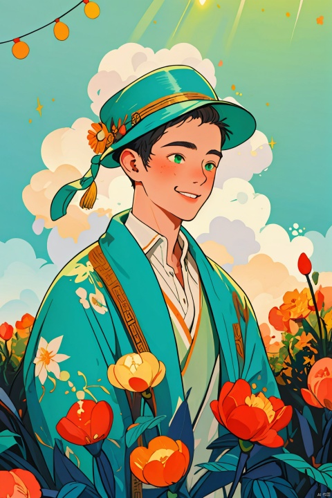  ((1boy)), ancient Chinese clothing, riches, a smile, headwear, gems, fairy, satin, streamers, clouds, sunshine, light green background, masterpieces, winter, TT, backlight, CX