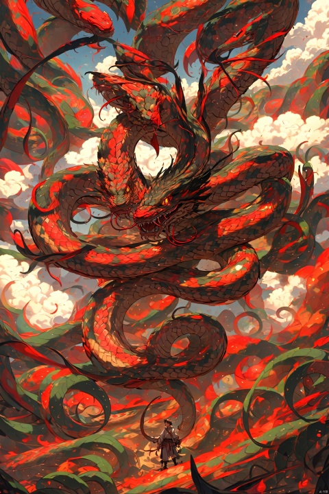 A snake with six legs and four wings, 1head, floating clouds, black scales, red tongue, drought, cracked earth, charred wood, guofeng,