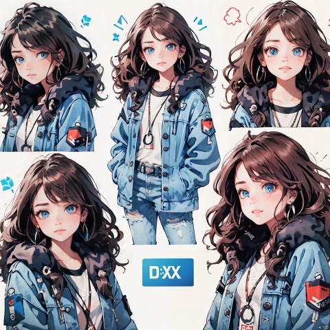 1 Girl, cool, blue denim jacket, short shirt, long brown hair, curly ends, earrings, blue eyes, Cyberpunk, DSLR, ultra HD, full of detail, realistic, 8K, MinimalistPoster, CX,