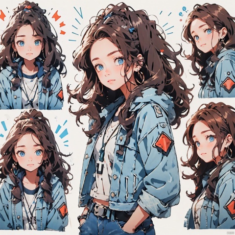  1 Girl, cool, blue denim jacket, short shirt, long brown hair, curly ends, earrings, blue eyes, Cyberpunk, DSLR, ultra HD, full of detail, realistic, 8K, MinimalistPoster, CX,