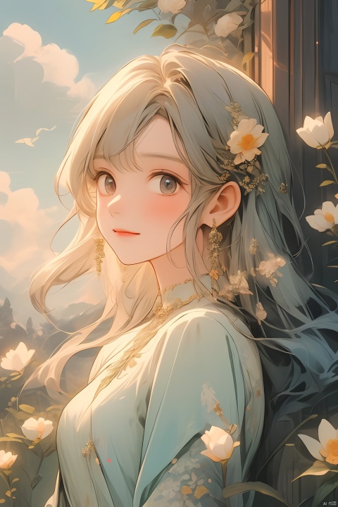  1 Girl, ancient Chinese clothing, riches, a smile, headwear, gems, fairy, satin, streamers, clouds, sunshine, light green background, masterpieces, winter, With a flower in his mouth