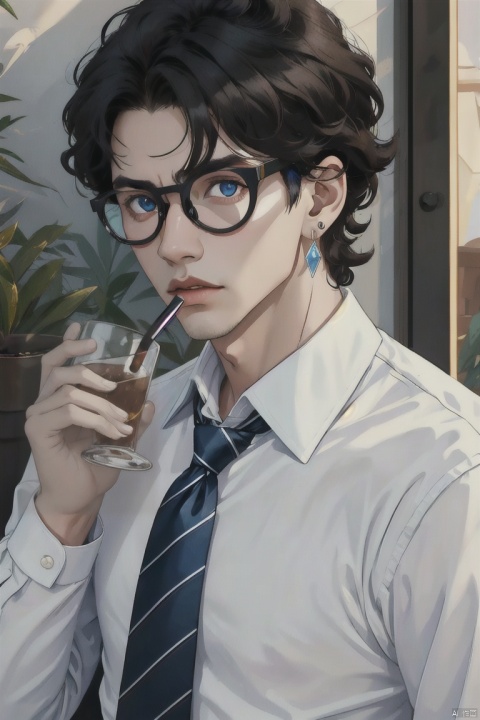 solo, looking at viewer, short hair, bangs, blue eyes, shirt, black hair, 1boy, holding, jewelry, closed mouth, upper body, male focus, earrings, necktie, glasses, striped, collared shirt, cup, lips, black shirt, formal, suit, gem, portrait, black necktie, drinking glass, crystal, glint, round eyewear, glass, shards,girl