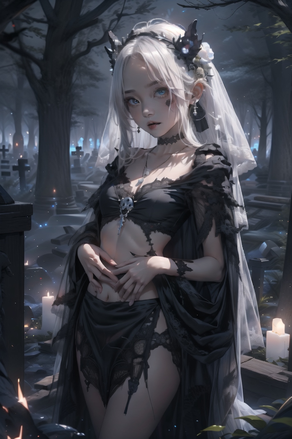 1 girl, Ghost Bride, with terrifying eyes, full of murderous aura, sharp eyes, white hair, xinniang, blackmagic,skull necklace,exposed bone,tombstone,loli,petite, hand on own stomach