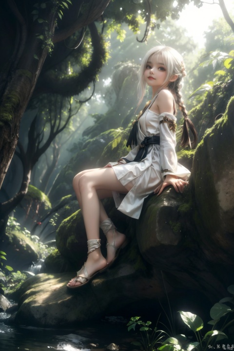  Bare shoulder, white hair, medium hair, golden eyes, white dress, white robe, closed mouth, one braid,closed mouth, raised head, standing, forests,leaves,outdoors,stream,sitting on rock,(petite,loli),(panorama,wide shot,full body,from below,dynamic angle) , backlight