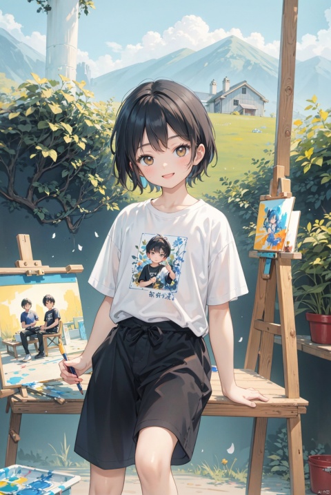  (An Asian Chinese little boy, handsome, cute, masculine, cool), soloist, (little painter), wearing a round necked T-shirt, lightly painted, looking at the easel, painting board, with colorful paint, color palette, using a brush, sitting in the farm yard, climbing vines, charming smile, sunbathing, masterpiece, the best quality,