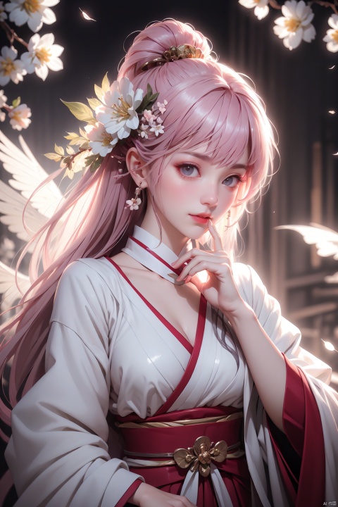  1girl,detached sleeves,pink hair,long hair,best quality,(photorealistic:1.2),(hair ornament:1.35),cherry blossoms,( white shrine maiden),depth of field,detailed face,face focus,(looking at viewer:1.25),shiny skin,long sleeves,red sleeves,smile game cg,blurry background,half body,((right hand to mouth,finger touch lip)), wings