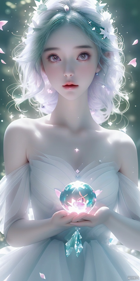  1girl,Fairyland Collection Dark Fairy Witch Spirit Forest with Magic Ball On Crystal Stone Figurine, 
(1girl:1.2),stars in the eyes,(pure girl:1.1),(white dress:1.1),(full body:0.6),There are many scattered luminous petals,bubble,contour deepening,(white_background:1.1),cinematic angle,,underwater,adhesion,green long upper shan, 21yo girl