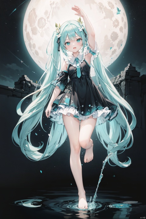  1girl, hatsune miku, long hair, very long hair, solo, absurdly long hair, dress, twintails, moon, barefoot, sky, white dress, star (sky), cloud, arm up, full moon, night, standing, night sky, water, starry sky, wide shot, standing on liquid, reflection, standing on one leg, full body, aqua hair, outdoors, hair ornament, tiptoes
